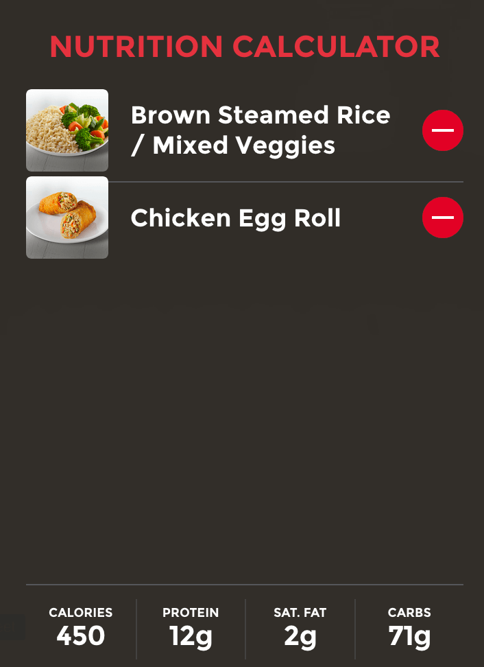 Nutrition Calculator information from Panda Express meal of brown steamed rice, mixed veggies, and chicken egg roll