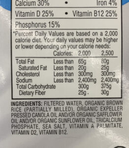 Picture of a rice milk nutrition label