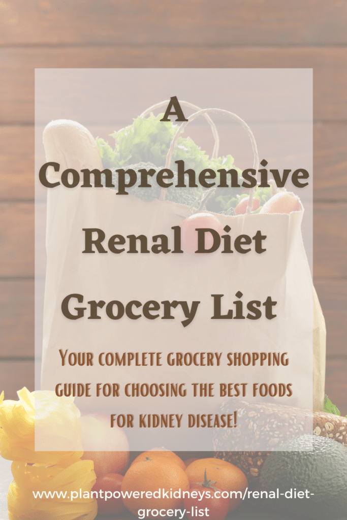 A comprehensive renal diet grocery list: Your complete grocery shopping guide for choosing the best foods for kidney disease. Behind text: A paper grocery bag overflowing with bread, leafy greens, tomatoes. Below the bag, tomatoes, bread, avocados.