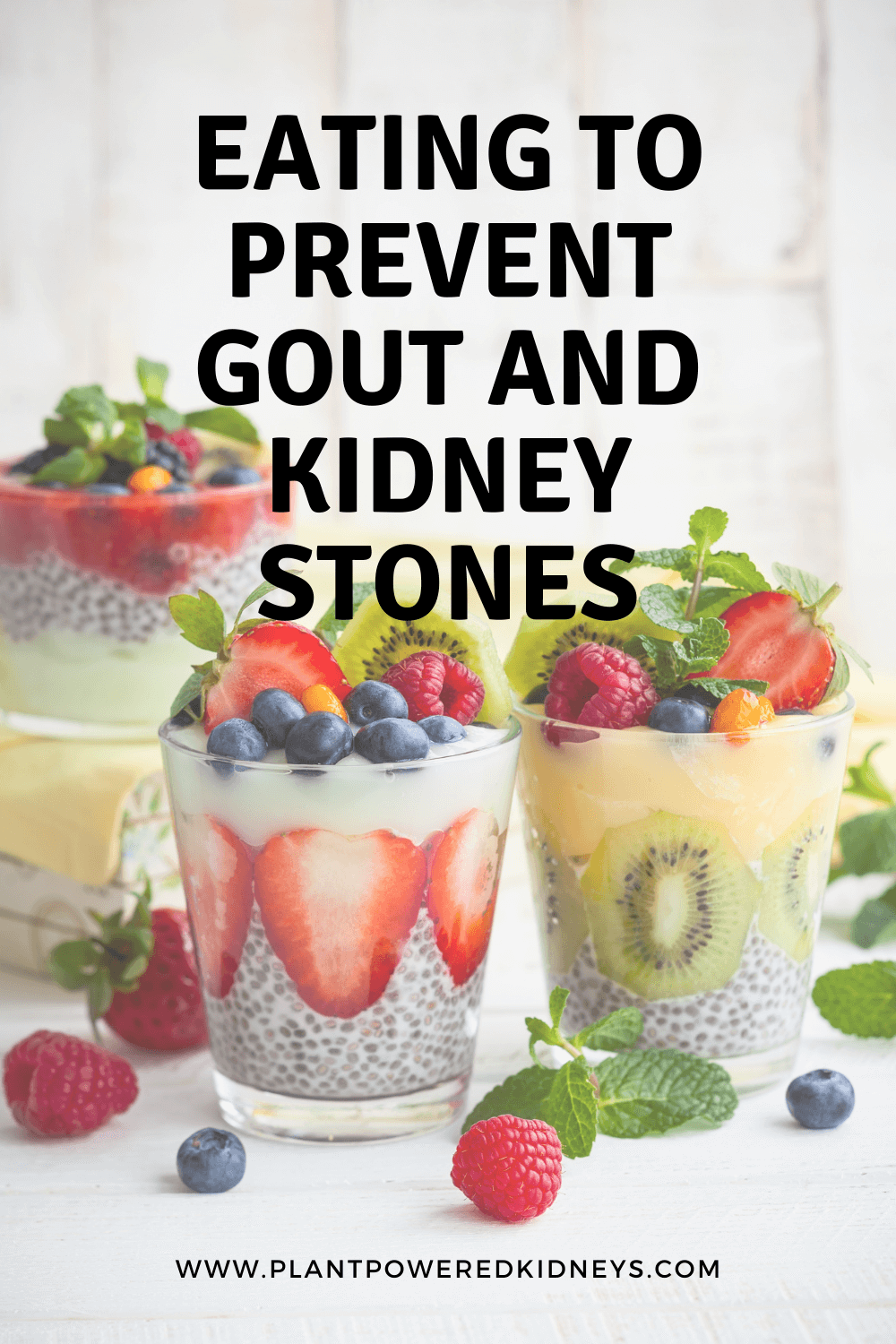 Eating to prevent gout and kidney stones. (Image is several clear glasses of chia seed pudding, decorated with strawberries, blueberries, raspberries and kiwi).