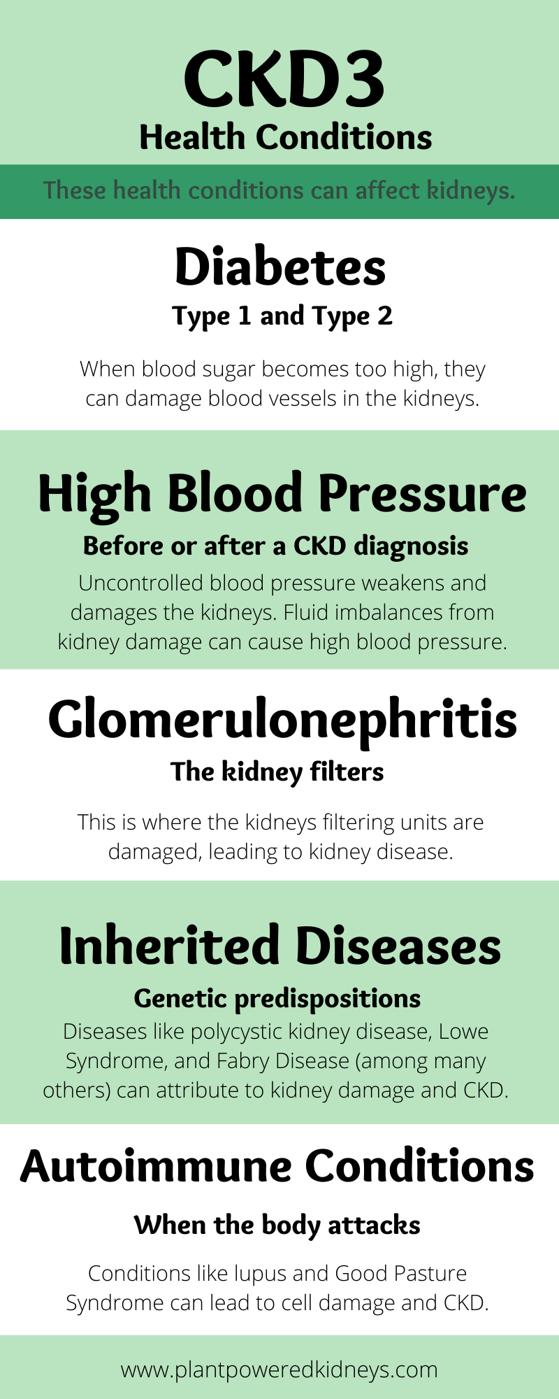 Health Conditions that can affect kidneys
1) Diabetes type 1 and type 2. When blood sugar becomes too high, they can damage blood vessels in the kidneys.

2) High blood pressure. Uncontrolled blood pressure weakens and damages the kidneys. Fluid imbalances from kidney damage can cause high blood pressure.

3) Glomerulonephritis. This is where the kidneys filtering units are damaged, leading to kidney disease.

4) Inherited Diseases. Diseases like polycystic kidney disease, Lowe Syndrome, and Fabry Disease (among many others) can attribute to kidney damage and CKD.

5) Autoimmune Conditions. Conditions like lupus and Good Pasture Syndrome can lead to cell damage and CKD.
