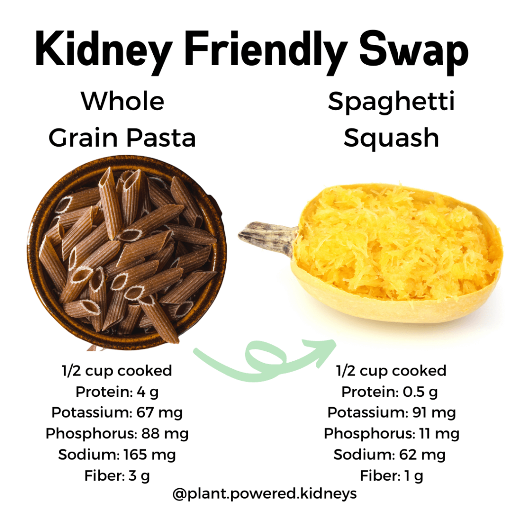 Try swapping whole grain pasta (which has about 4 grams of protein per 1/2 cup cooked serving) with spaghetti squash! You'll nearly eliminate all the protein in this switch, with only a half gram of protein per half cup of cooked squash.