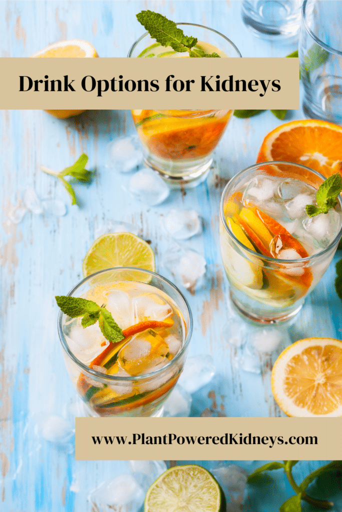Drink Options Good For Kidneys
In background of text, several clear glasses of water, garnished with layered slices of oranges and lemons. A sprig of mint is added on top.