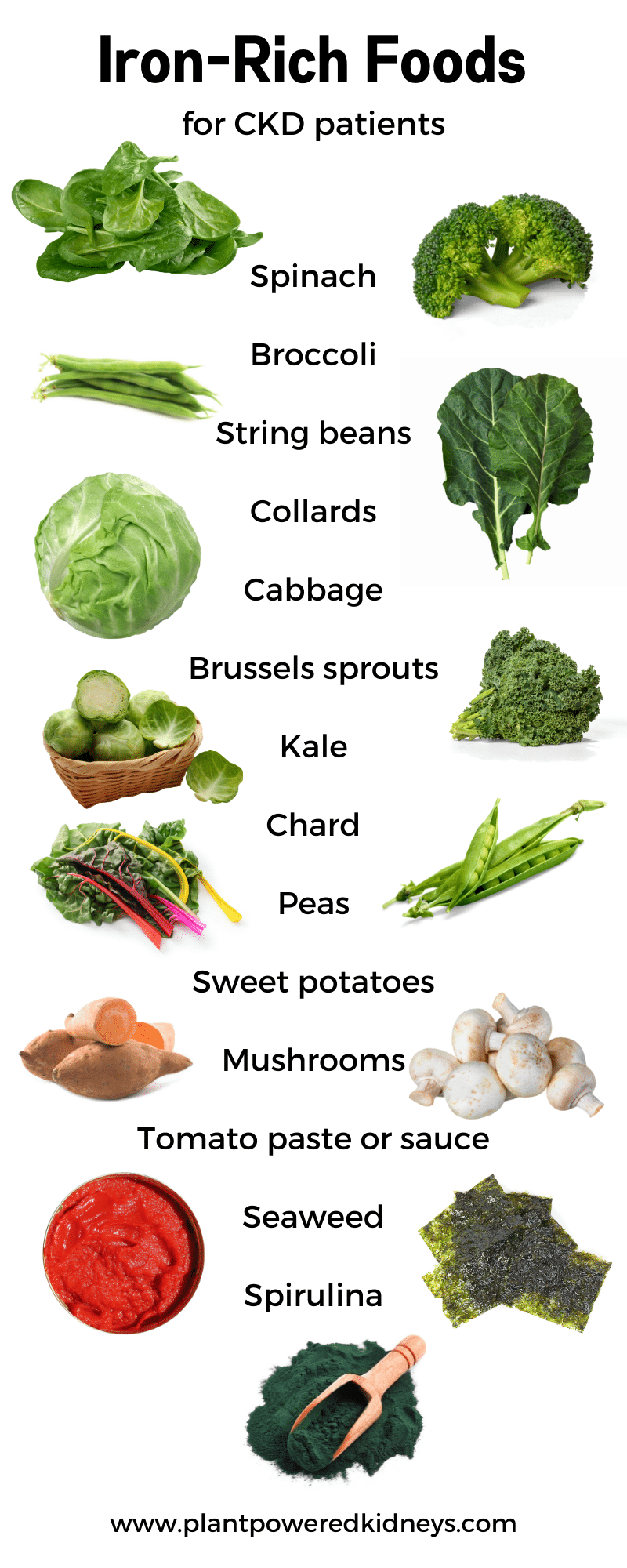 Iron rich foods (vegetables)
spinach
broccoli
string beans
collards
cabbage
brussels sprouts
kale
chard
peas
sweet potatoes
mushrooms
tomato paste or sauce
seaweed
spirulina