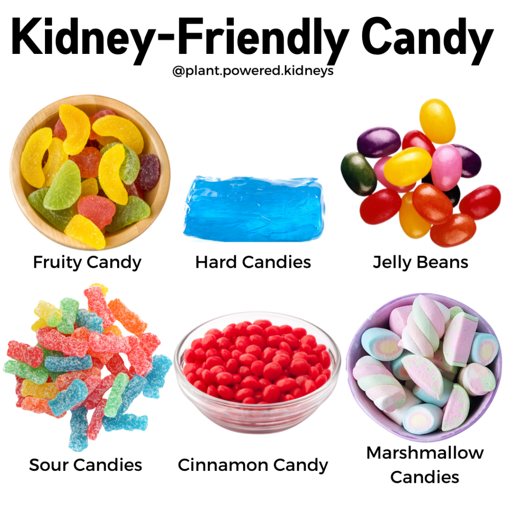 Kidney Friendly Candy options include;
Fruity Candy
Hard Candies
Jelly Beans
Sour Candies
Cinnamon Candy
Marshmallow Candy
