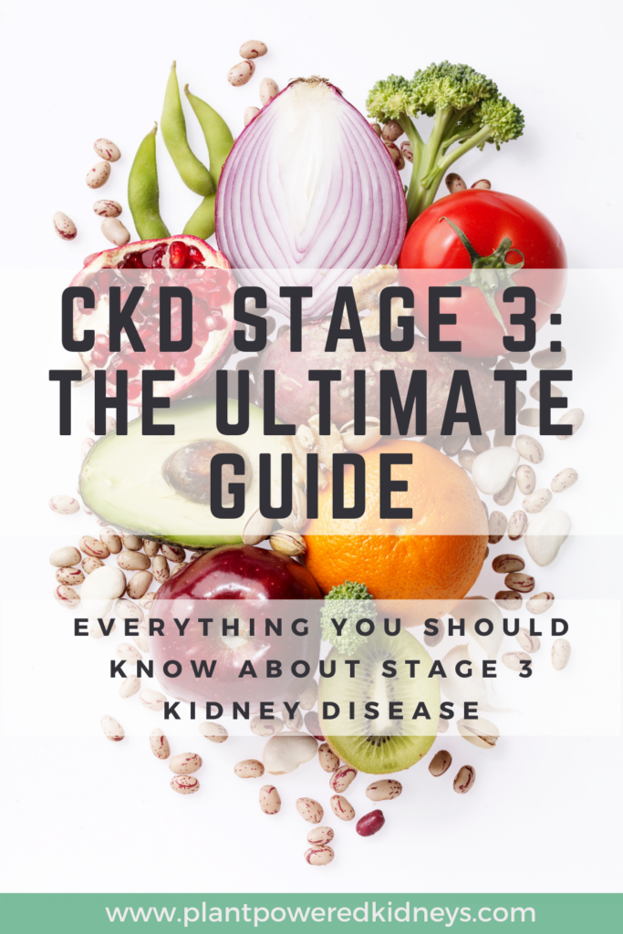 CKD stage 3: the ultimate guide. Everything you should know about stage 3 kidney disease.

Image behind text: A halved avocado, halved red onion, halved pomegranate, halved kiwi, whole tomato, and whole orange. Sprinkled around them are dried pinto, navy, and kidney beans. A few edamame pods rest against the onion and pomegranate.
