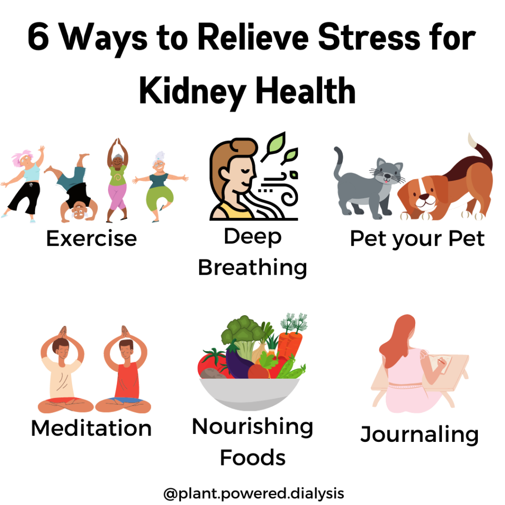 6 Ways to Relieve Stress for Kidney Health
1) Exercise
2) Deep Breathing
3) Pet your pet
4) Meditation
5) Eat nourishing foods
6) Practice gratitude journaling