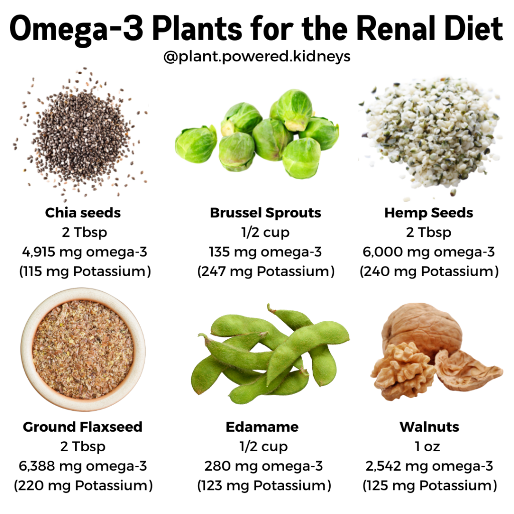 Graphic of omega-3 plants for the renal diet
Chia seeds - pile of chia seeds
2 Tbsp serving = 4,915 mg omega-3 (115 mg potassium)

Brussel Sprouts (several brussel sprouts piled on each other)
1/2 cup = 135 mg omega-3 (247 mg potassium)
Hemp Seeds (pile of hemp seeds)
2 Tbsp = 6,000 mg omega-3 (240 mg potassium)
Ground flaxseed (bowl of ground flaxseed)
2 Tbsp = 6,388 mg omega-3 (220 mg potassium)
Edemame (pile of edemame in pods)
1/2 cup = 280 mg omega-3 (123 mg potassium)
Walnuts (one walnut in shell next to a broken shell and shelled walnut half) 
1 oz = 2,542 mg omega-3 (125 mg potassium)