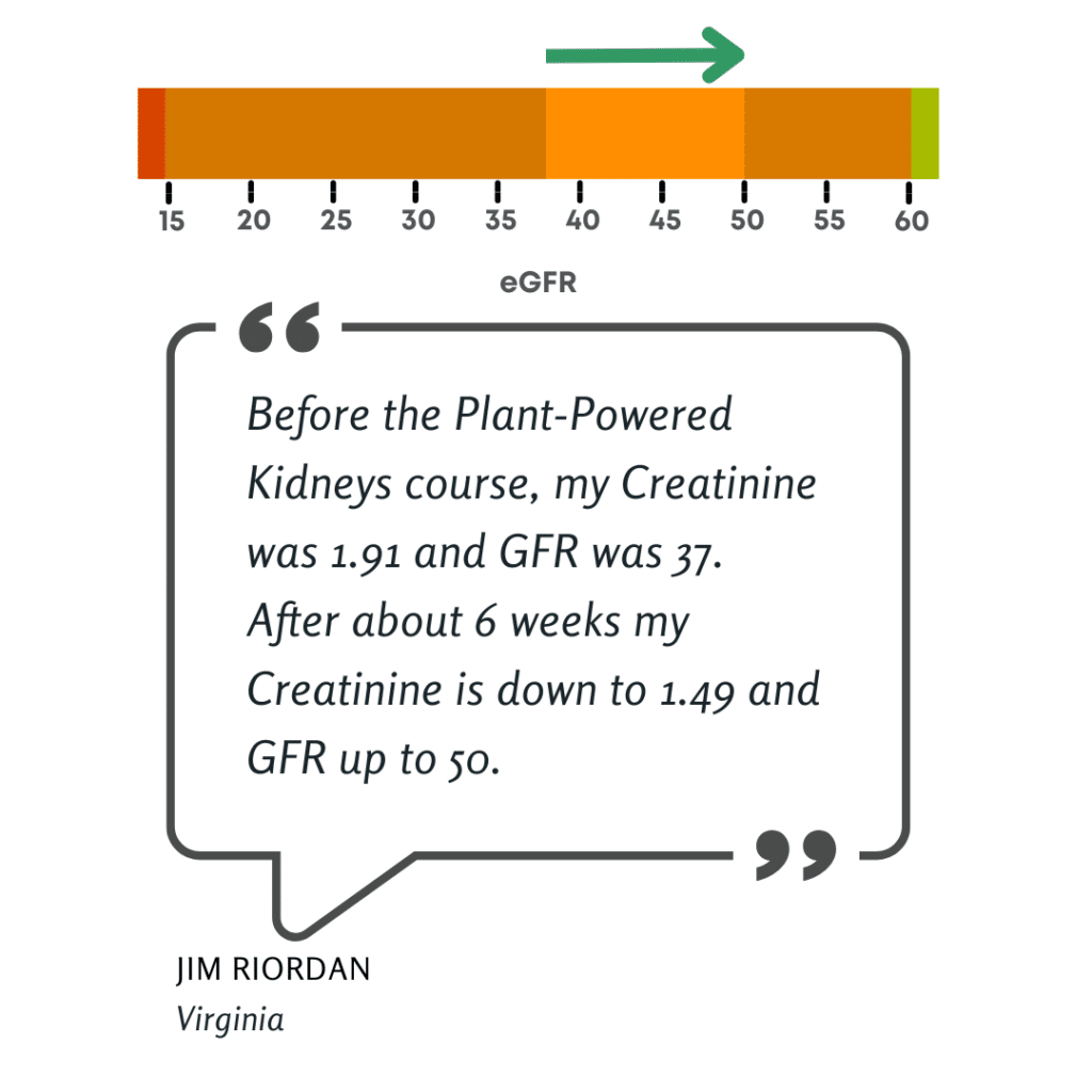 "Before the Plant-Powered Kidneys Course, my creatinine was 1.91 and GFR was 37. After about 6 weeks, my creatinine is down to 1.49 and GFR up to 50. - Jim Riordan, from Virginia