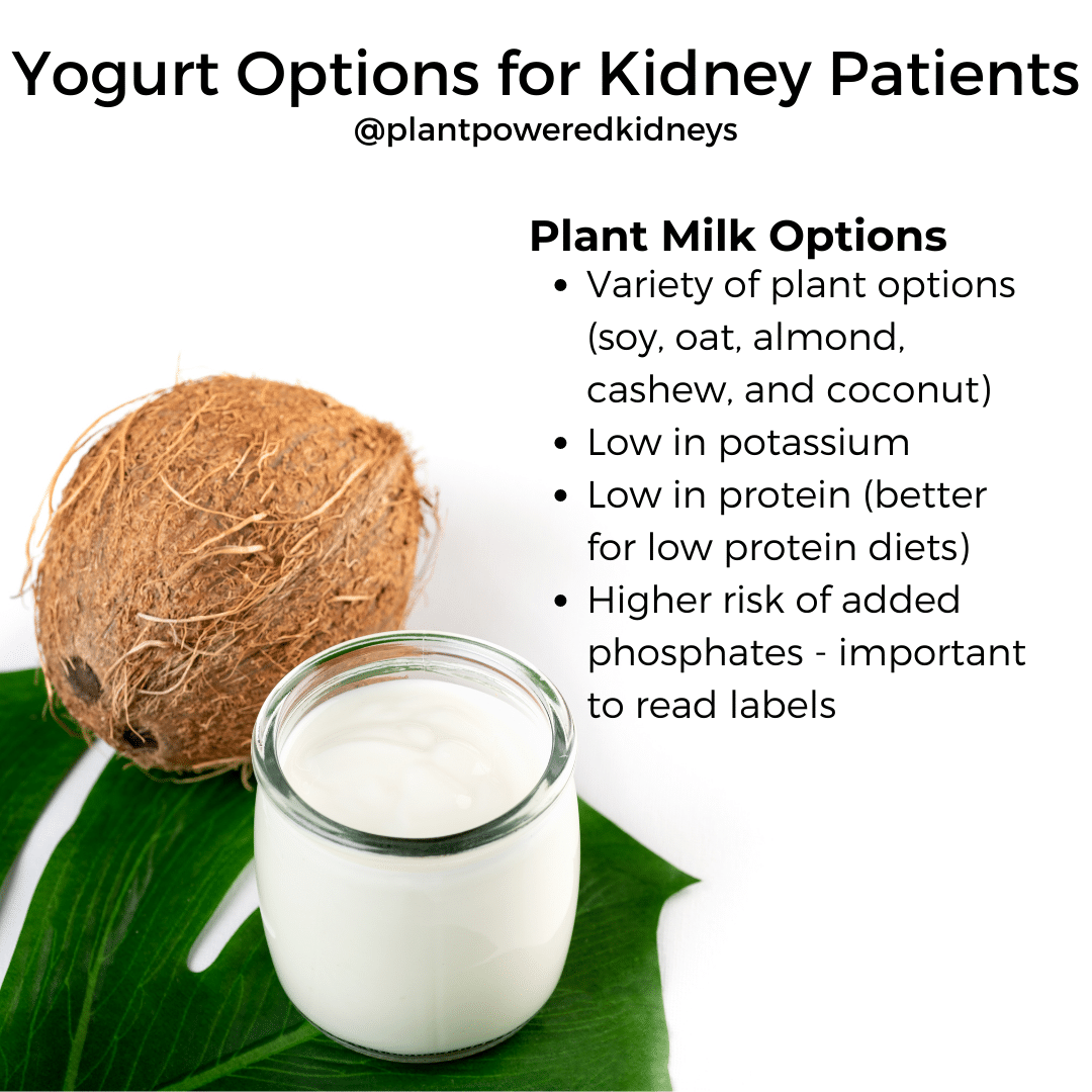 Plant-Milk Yogurt for Kidney Patients can:
-include a variety of plant options (soy, oat, almond, cashew, and coconut)
- be low in potassium
- be low in protein (better for low protein diets)
- may have a higher risk of added phosphates, so it's important to read labels