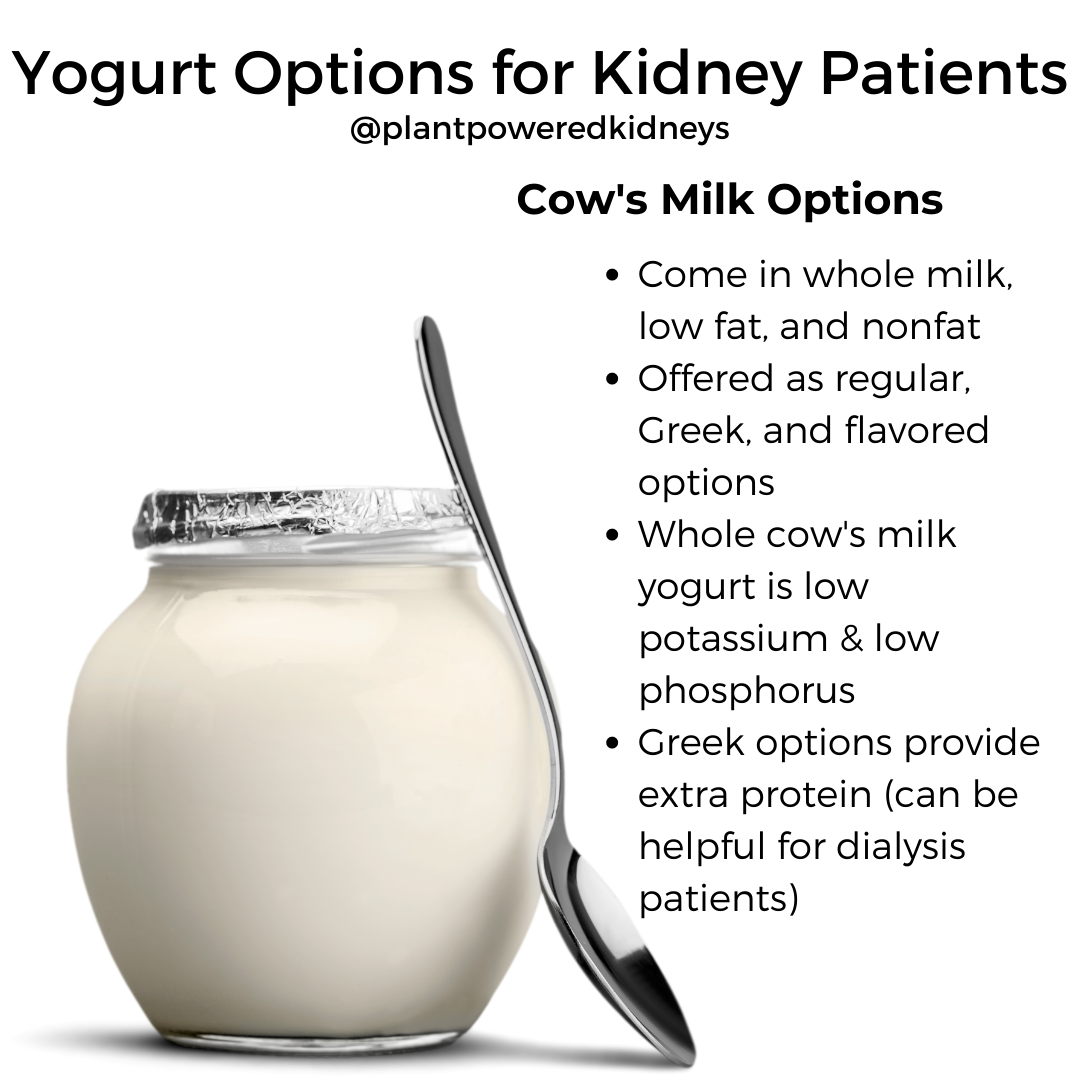 Cow's Milk yogurt Options for Kidney patients:
Come in whole milk, low fat, and nonfat
Offered as regular, Greek, and flavored options
Whole cow's milk yogurt is low potassium & low phosphorus
Greek options provide extra protein (can be helpful for dialysis patients)