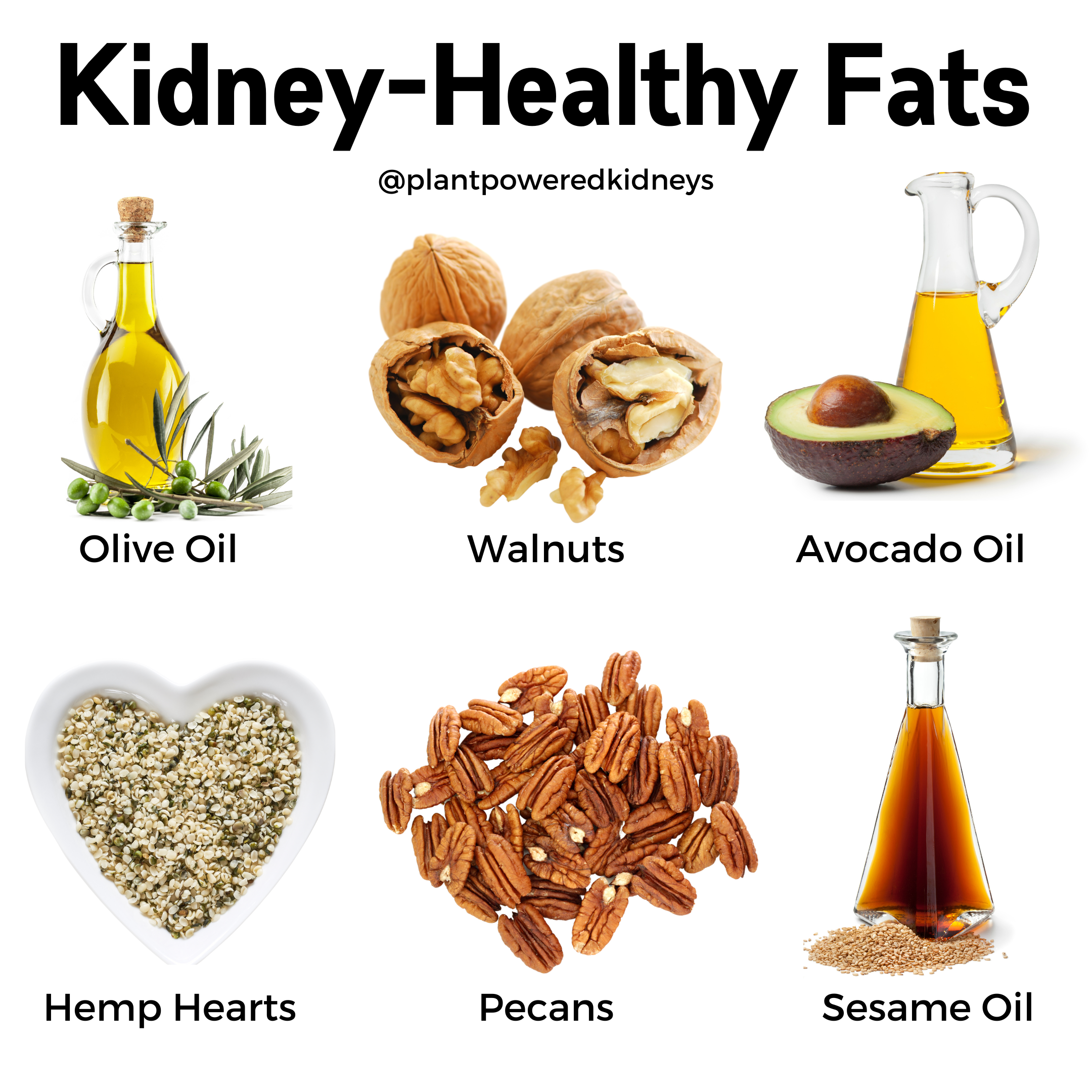 Examples of kidney-healthy fats include olive oil, walnuts, avocado oil, hemp hearts, pecans, and sesame oil.