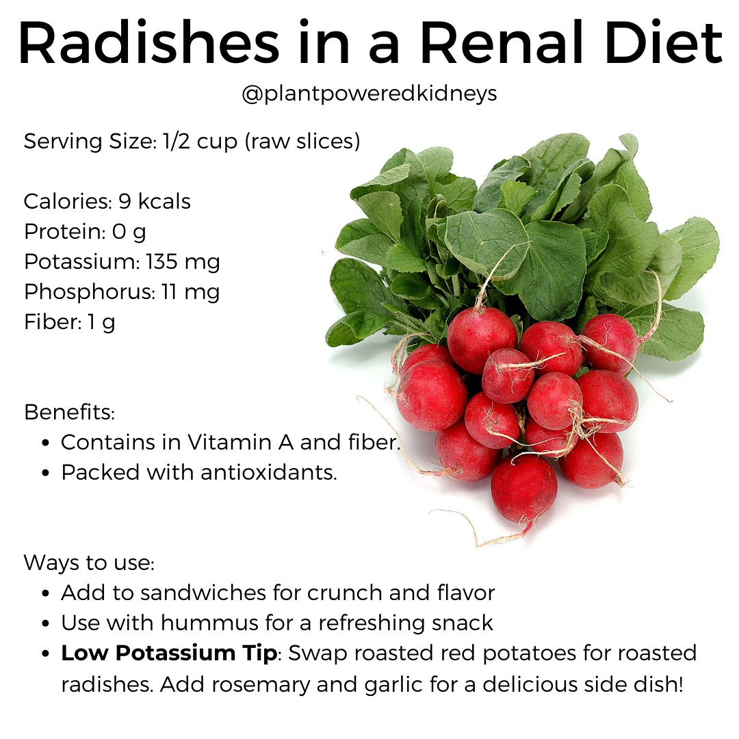 Serving Size: 1/2 cup (raw slices) 

Calories: 9 kcals
Protein: 0 g 
Potassium: 135 mg
Phosphorus: 11 mg
Fiber: 1 g


Benefits: 
Contains in Vitamin A and fiber.
Packed with antioxidants. 


Ways to use:
Add to sandwiches for crunch and flavor
Use with hummus for a refreshing snack
Low Potassium Tip: Swap roasted red potatoes for roasted radishes. Add rosemary and garlic for a delicious side dish!
