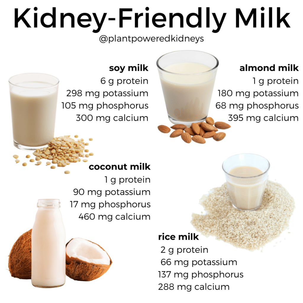 Nutritional values of soy milk, almond milk, coconut milk, and rick milk for kidney patients on a renal diet.
